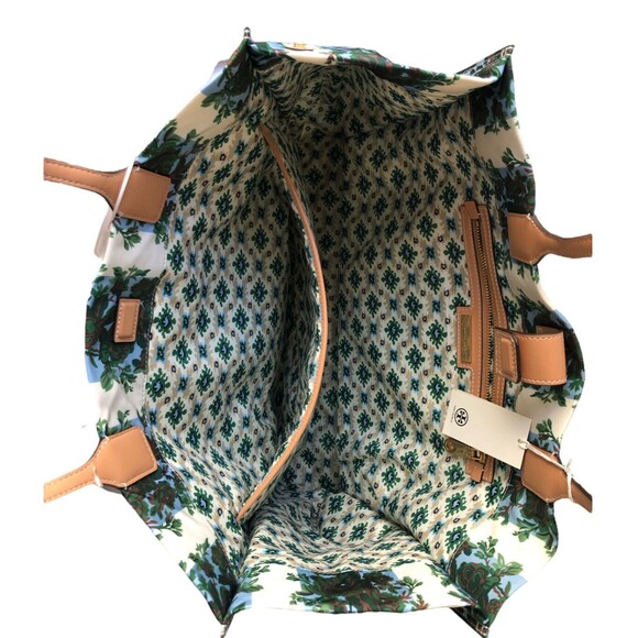 Tory Burch Ella Logo Prints Large Nylon Tote Rayure Fleurie New w/tag Authentic - Picture 2 of 7